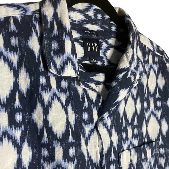 GAP Men's Blue & White IKAT Linen Short Sleeve Button Down Shirt Sz Large - Picture 5 of 12